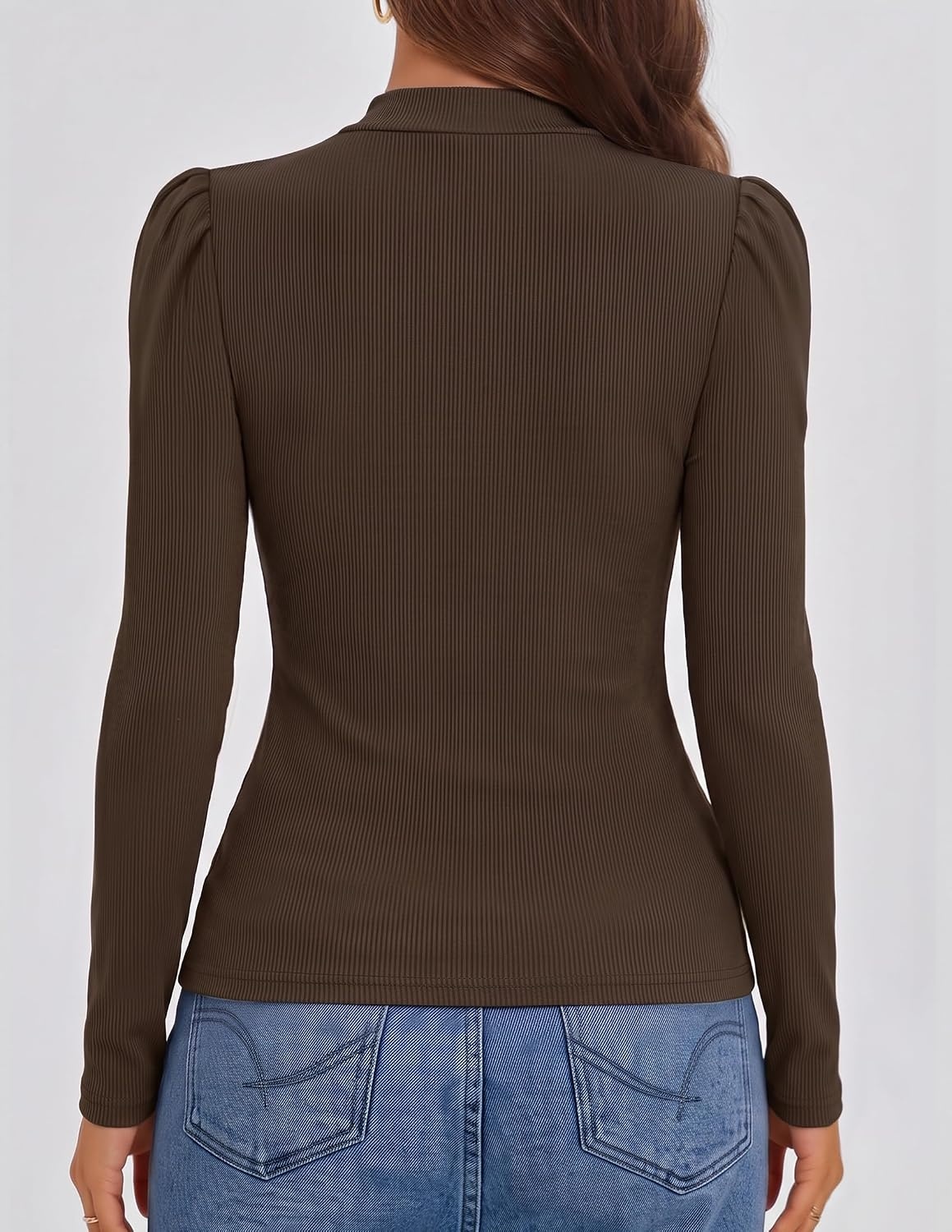 image:imageZESICA Womens Business Casual Ruched Ribbed Long Sleeve TopsDark Brown