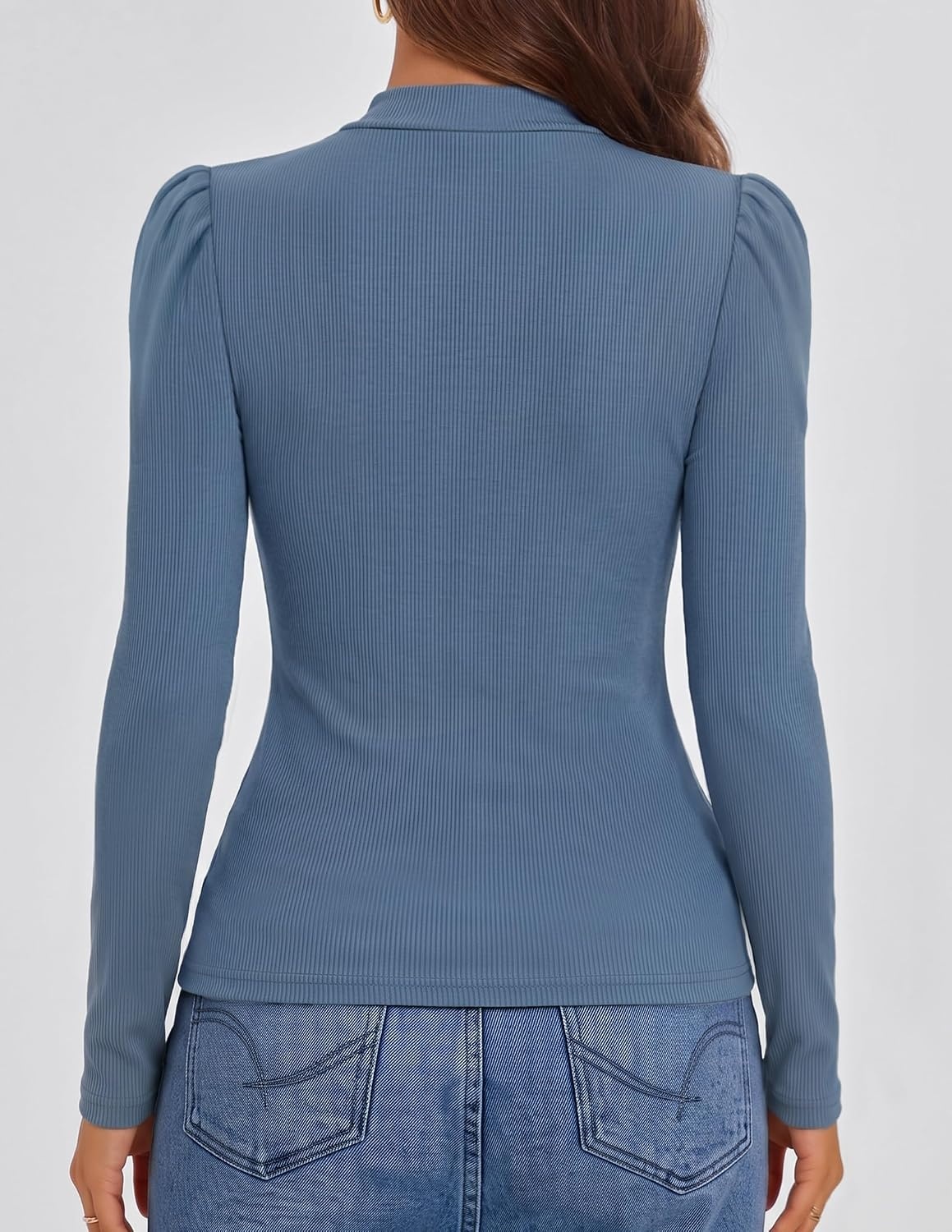 image:imageZESICA Womens Business Casual Ruched Ribbed Long Sleeve TopsDusty Blue