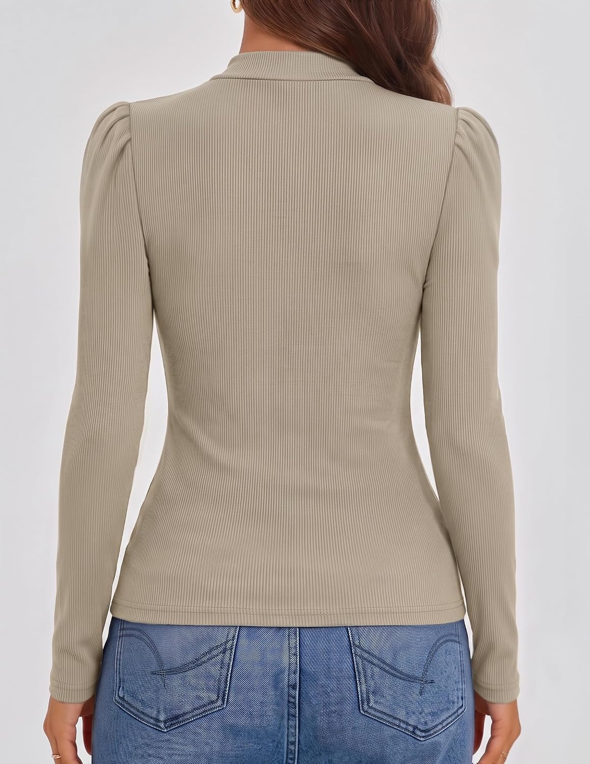 image:imageZESICA Womens Business Casual Ruched Ribbed Long Sleeve TopsKhaki