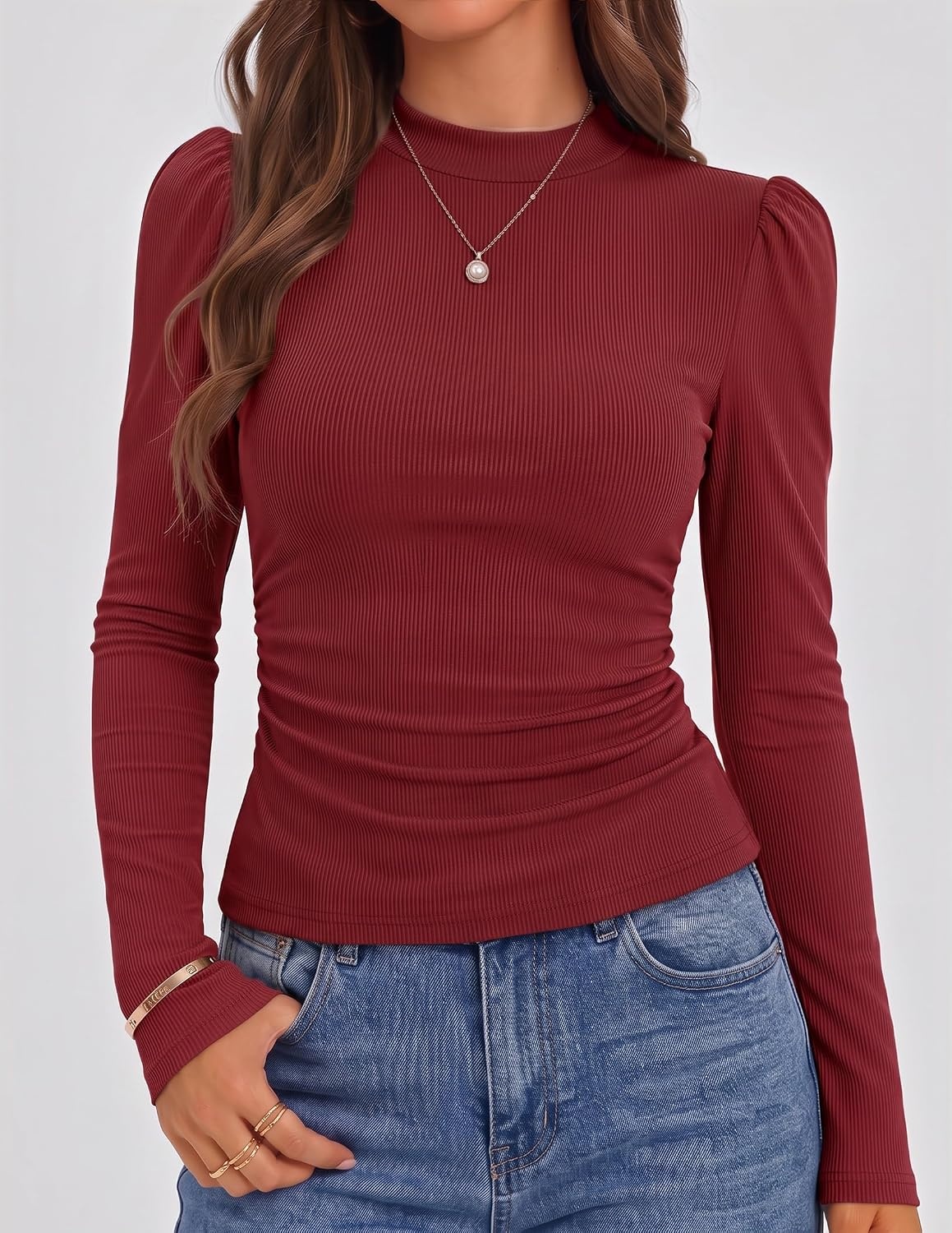 image:imageZESICA Womens Business Casual Ruched Ribbed Long Sleeve TopsRed