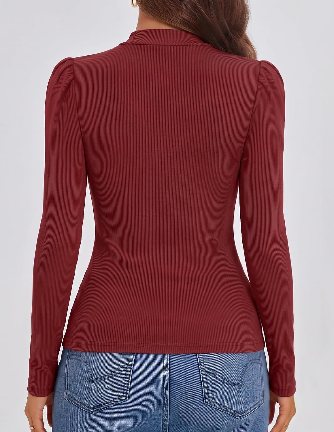 image:imageZESICA Womens Business Casual Ruched Ribbed Long Sleeve TopsRed