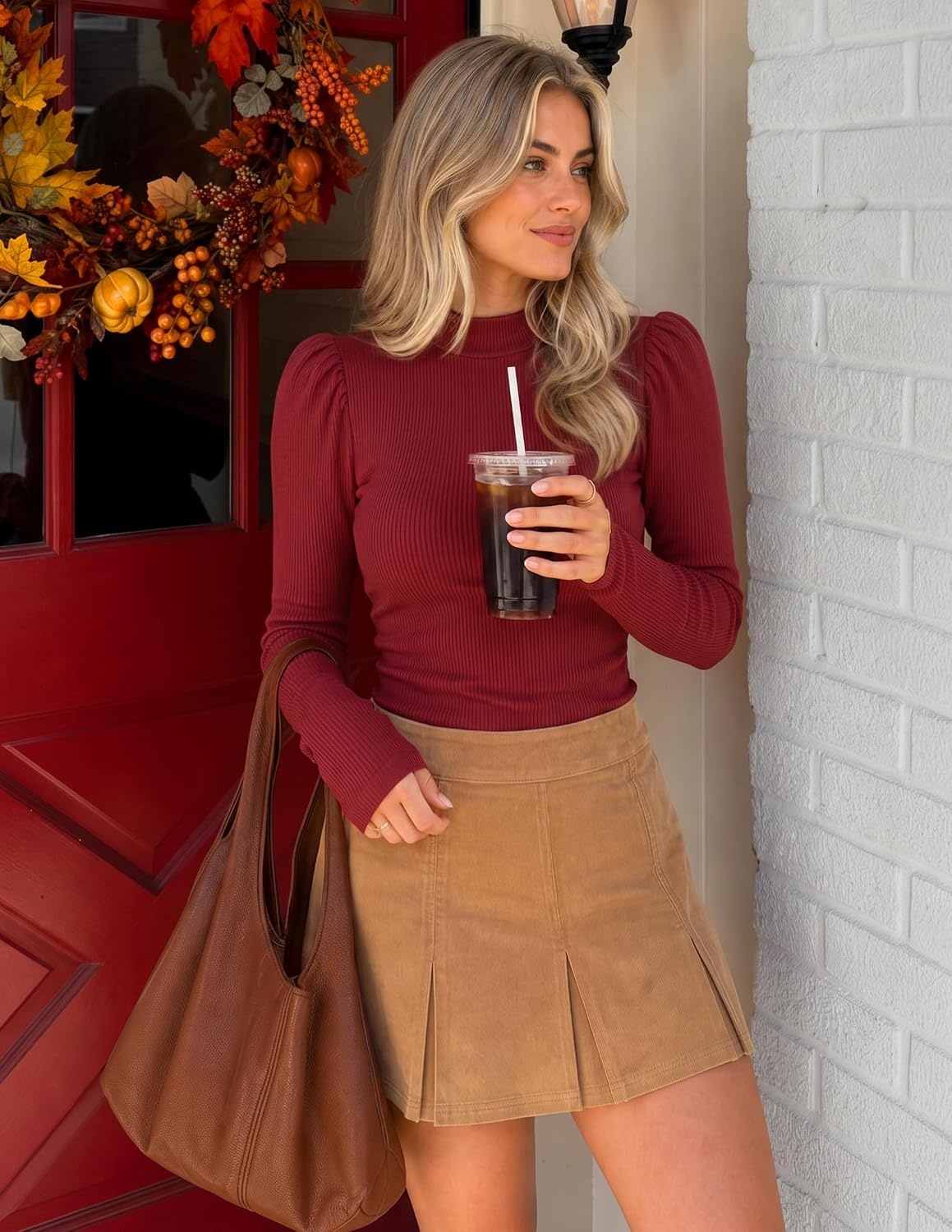 image:imageZESICA Womens Business Casual Ruched Ribbed Long Sleeve TopsRed