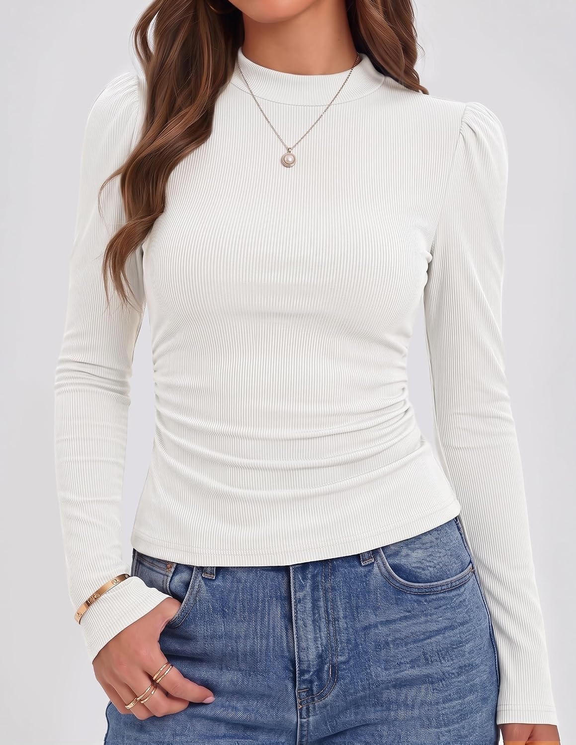 image:imageZESICA Womens Business Casual Ruched Ribbed Long Sleeve TopsWhite