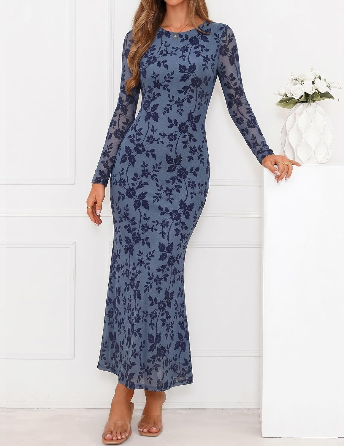image:imageZESICA Womens Fall Wedding Guest Formal Long Sleeve Maxi DressesDustyblue