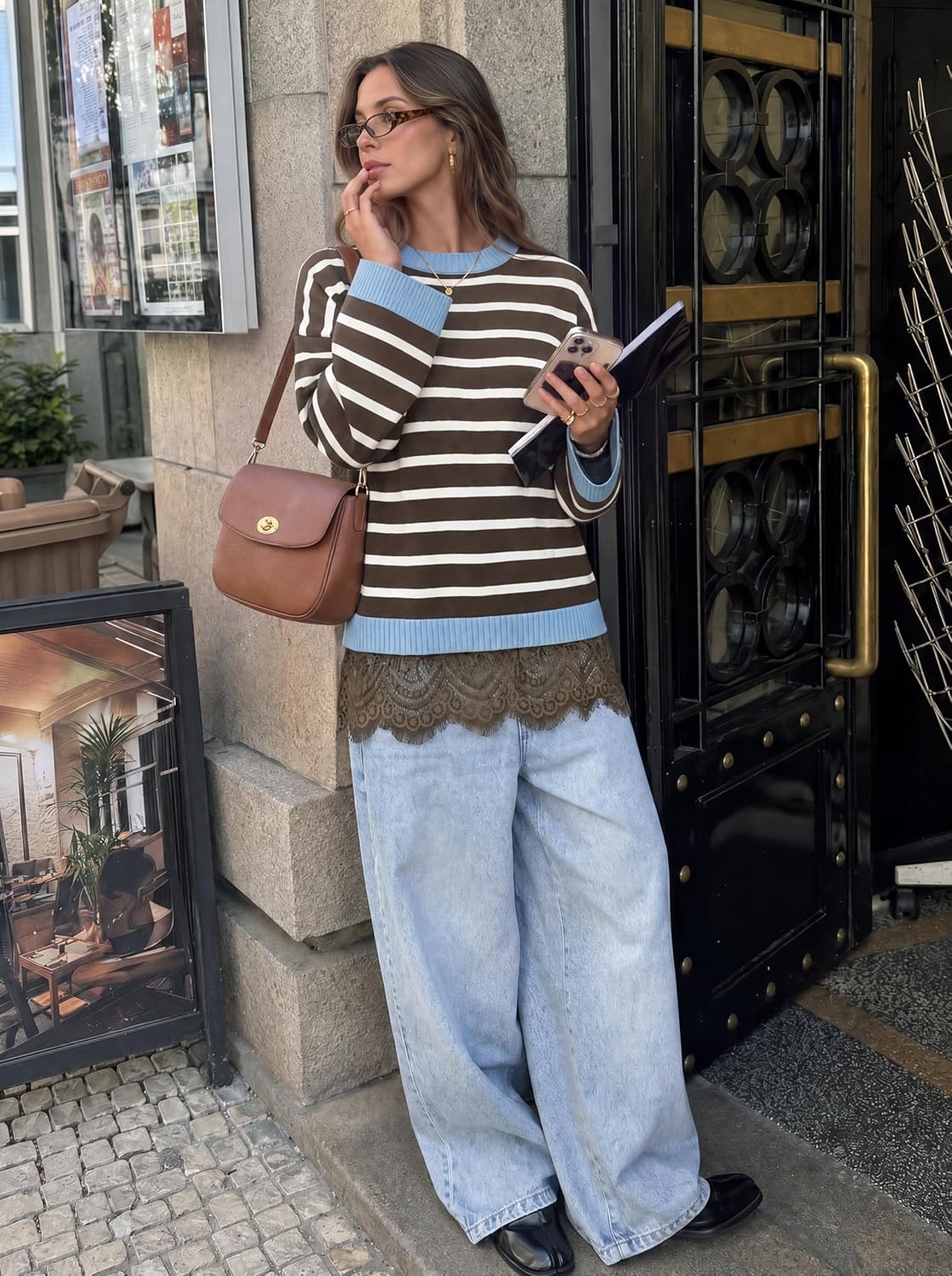 image:imageZESICA Womens Fall Winter Sweaters 2026 Lace Trim Pullover TopsBrownstripe