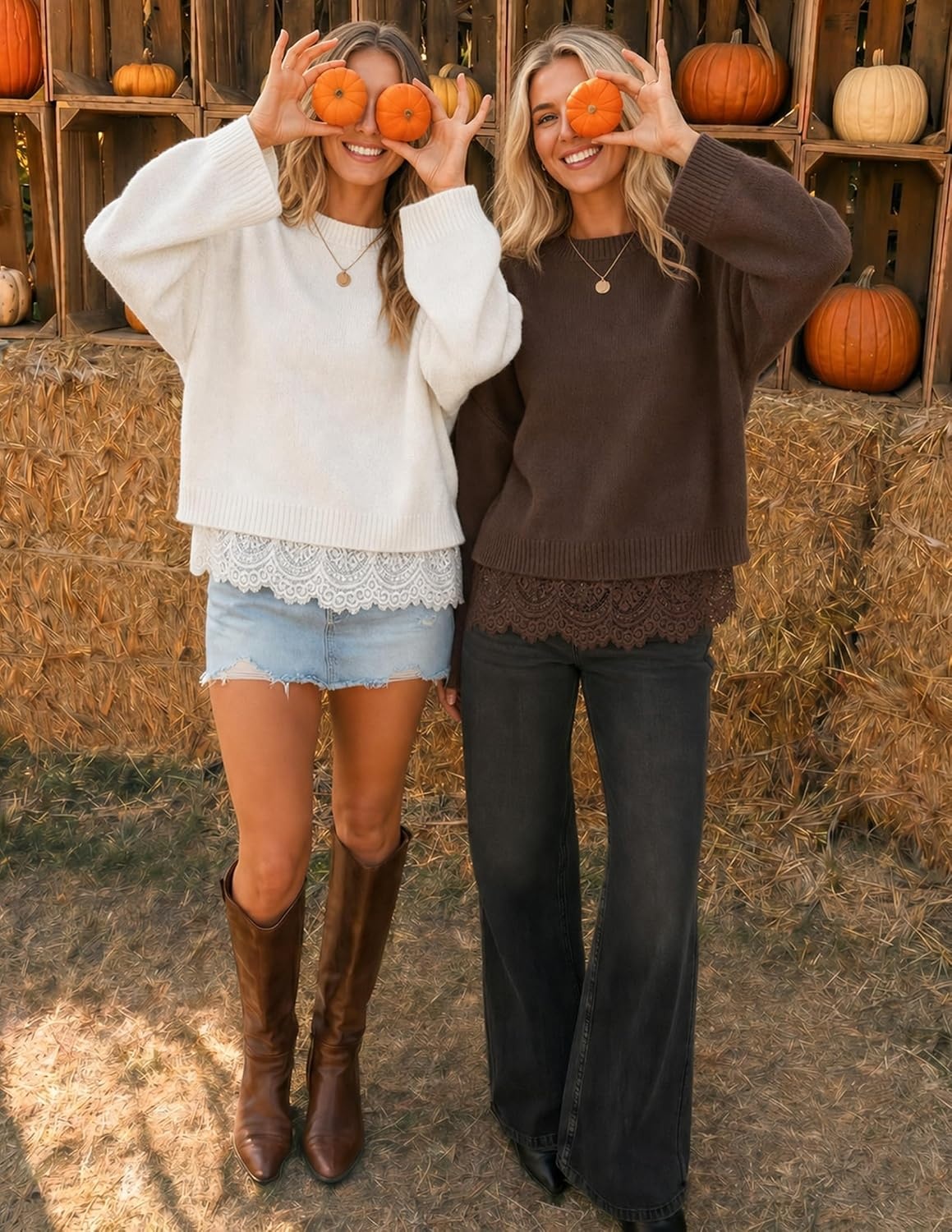 image:imageZESICA Womens Fall Winter Sweaters 2026 Lace Trim Pullover TopsCoffee