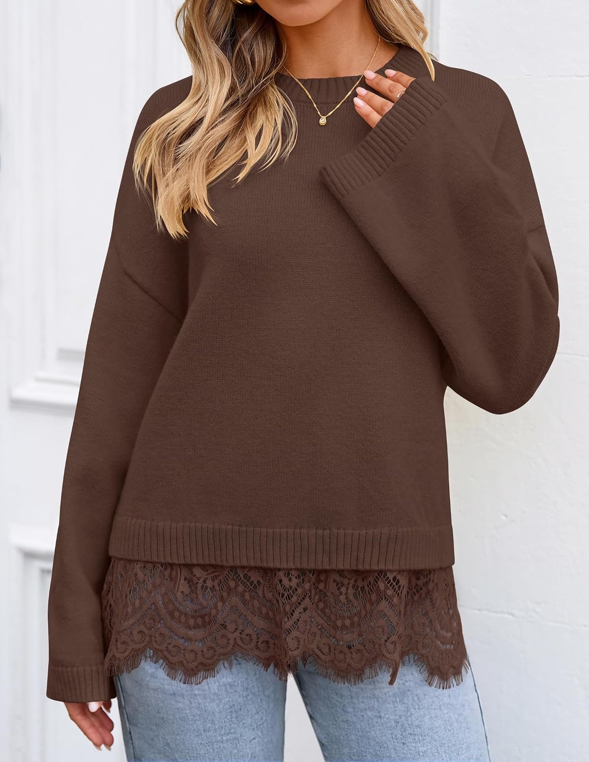 image:imageZESICA Womens Fall Winter Sweaters 2026 Lace Trim Pullover TopsCoffee