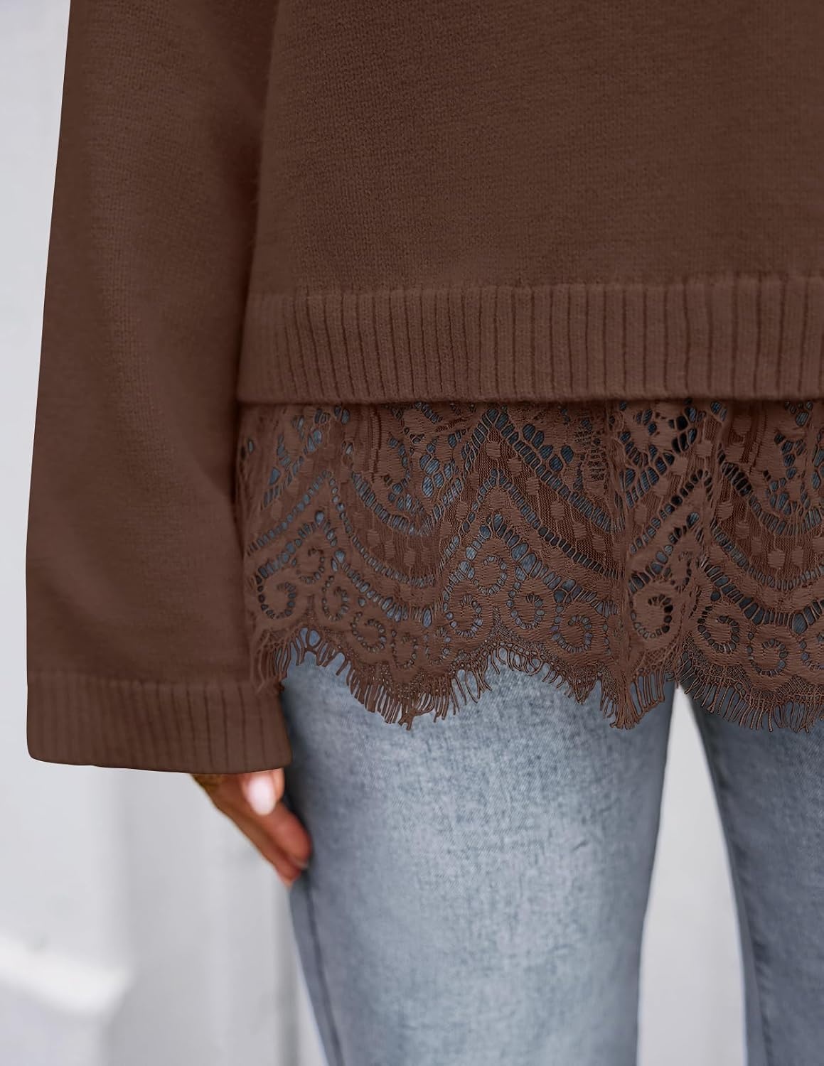 image:imageZESICA Womens Fall Winter Sweaters 2026 Lace Trim Pullover TopsCoffee