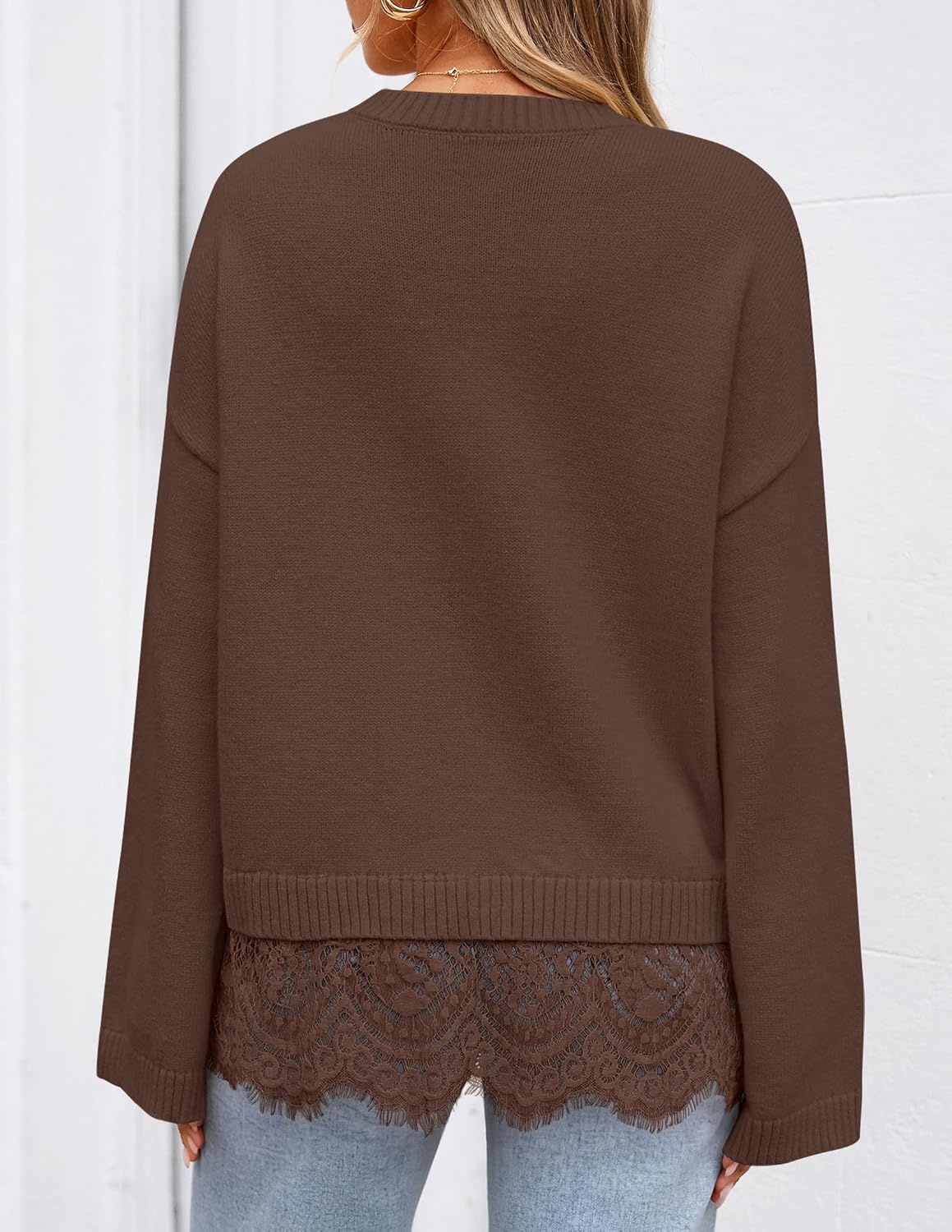 image:imageZESICA Womens Fall Winter Sweaters 2026 Lace Trim Pullover TopsCoffee