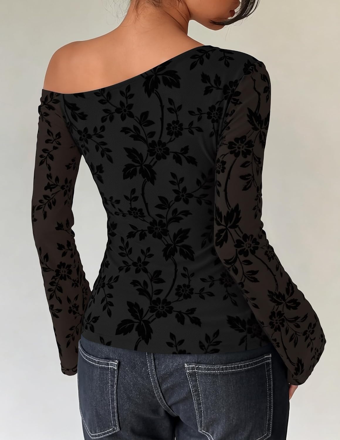image:imageZESICA Womens Floral Off Shoulder Fall Long Sleeve Y2K Going Out Work TopsBlack