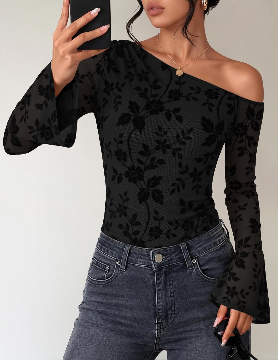 image:imageZESICA Womens Floral Off Shoulder Fall Long Sleeve Y2K Going Out Work TopsBlack