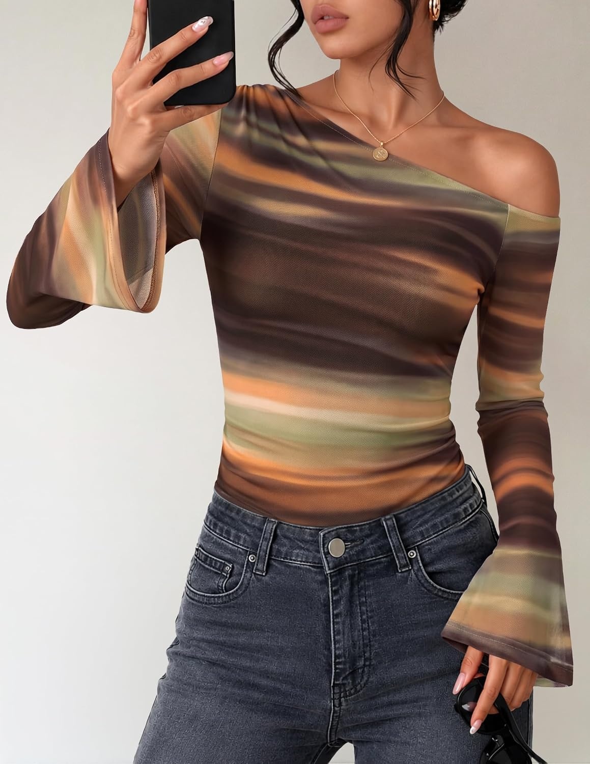 image:imageZESICA Womens Floral Off Shoulder Fall Long Sleeve Y2K Going Out Work TopsBrown