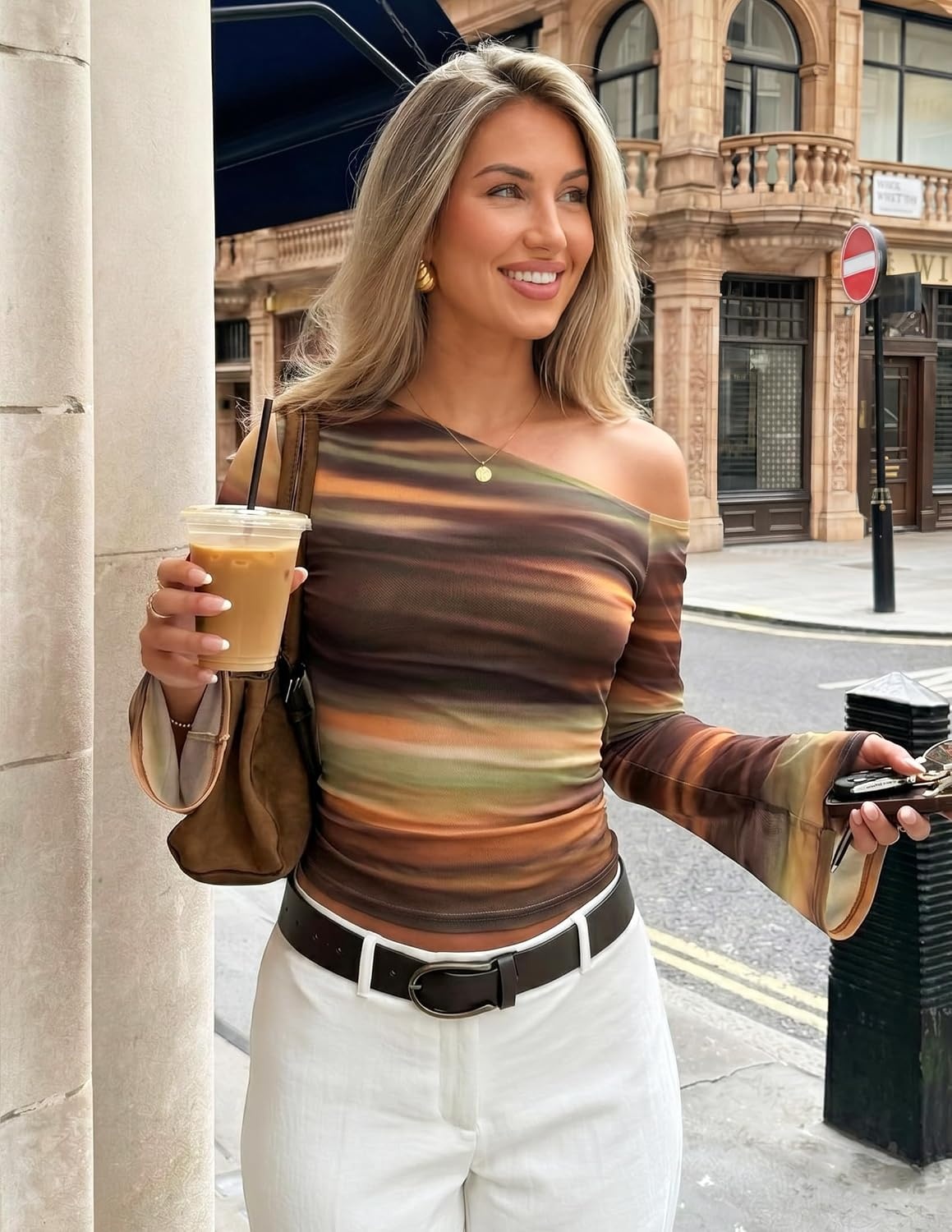 image:imageZESICA Womens Floral Off Shoulder Fall Long Sleeve Y2K Going Out Work TopsBrown