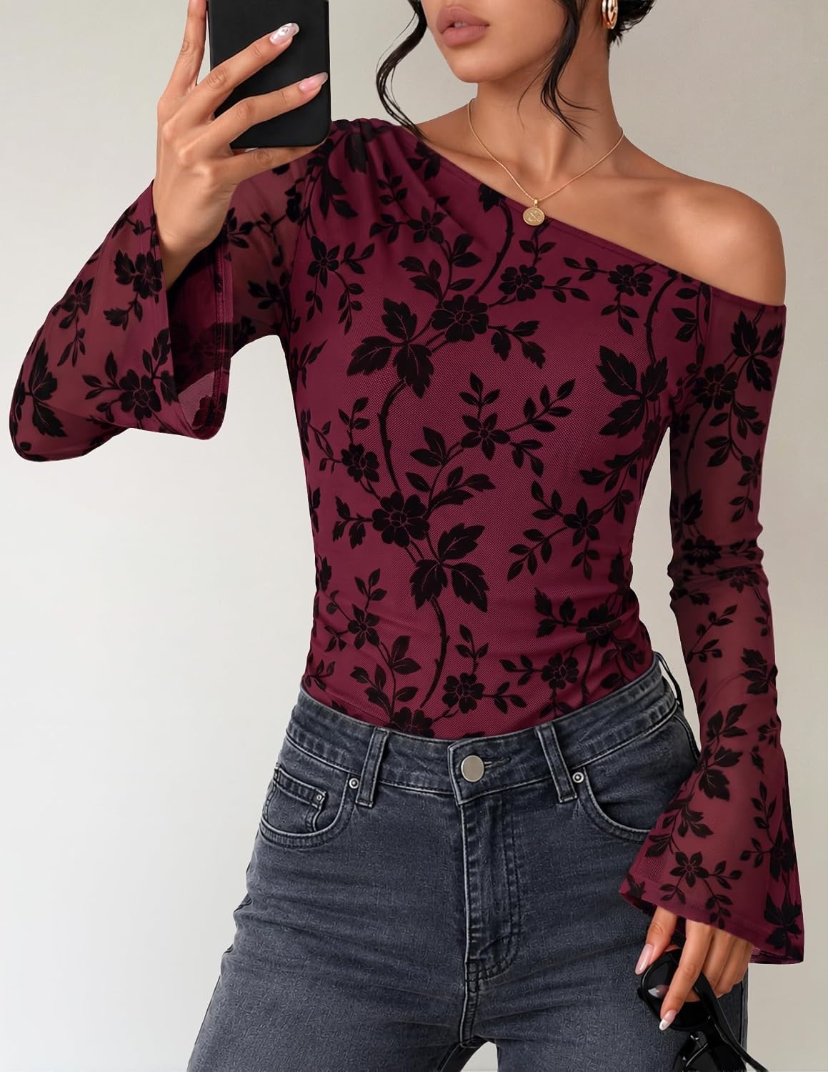 image:imageZESICA Womens Floral Off Shoulder Fall Long Sleeve Y2K Going Out Work TopsBurgundy