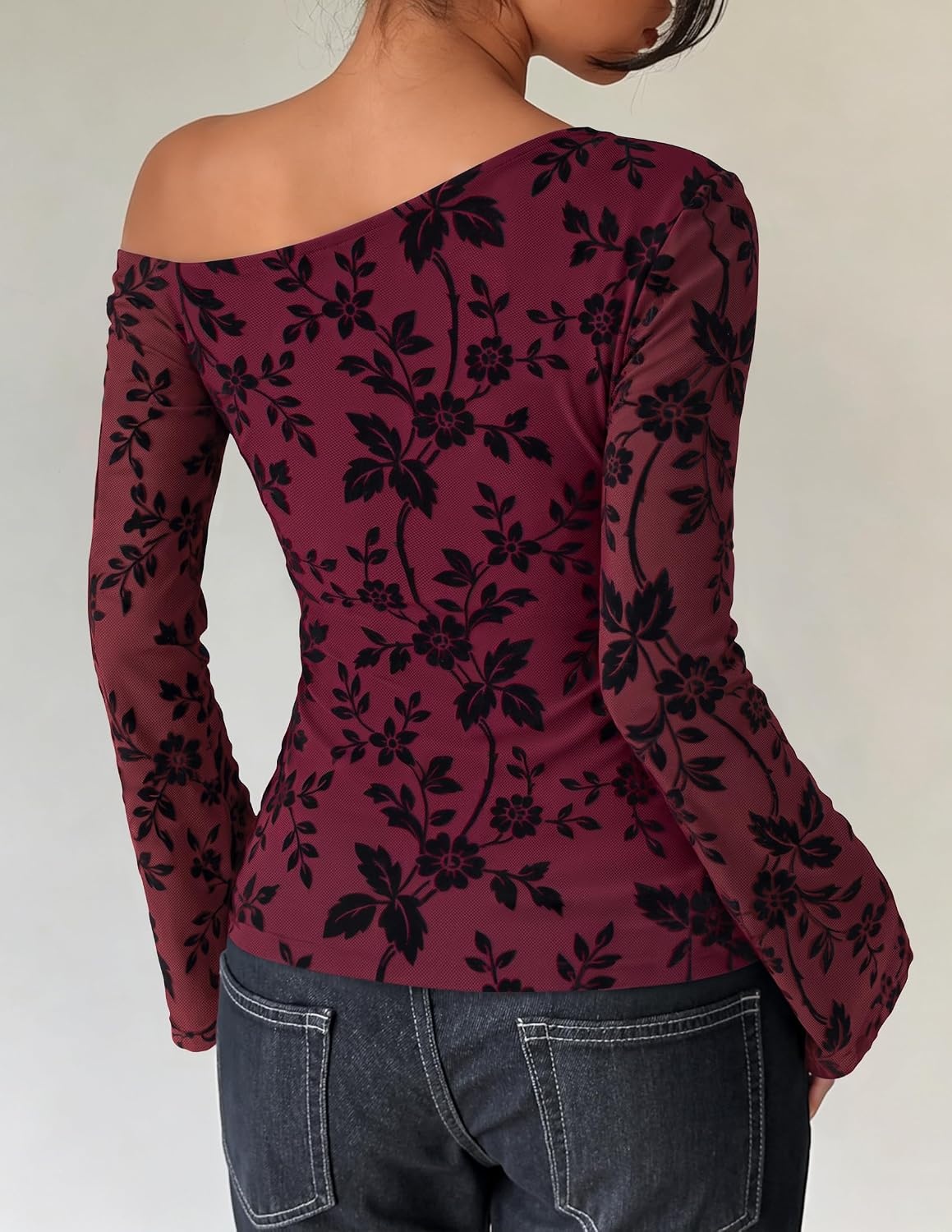 image:imageZESICA Womens Floral Off Shoulder Fall Long Sleeve Y2K Going Out Work TopsBurgundy