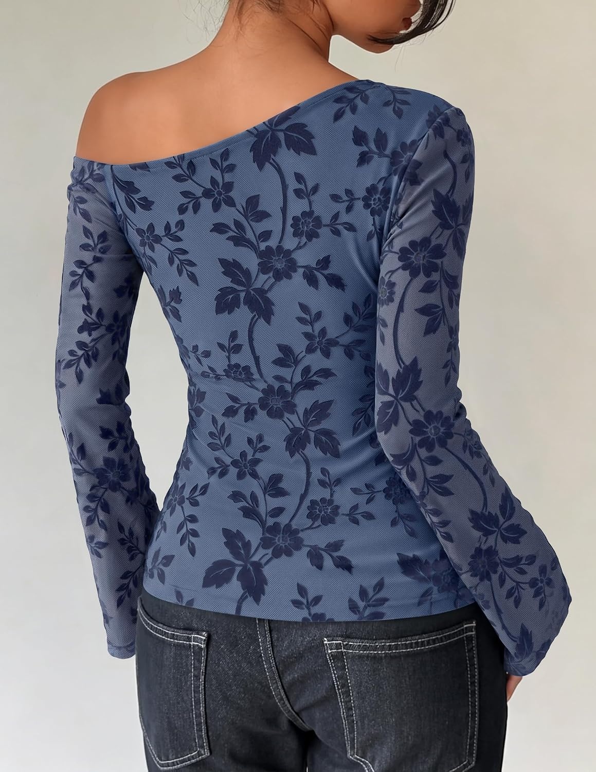 image:imageZESICA Womens Floral Off Shoulder Fall Long Sleeve Y2K Going Out Work TopsDusty Blue