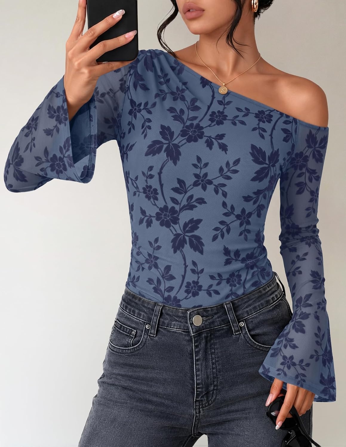 image:imageZESICA Womens Floral Off Shoulder Fall Long Sleeve Y2K Going Out Work TopsDusty Blue