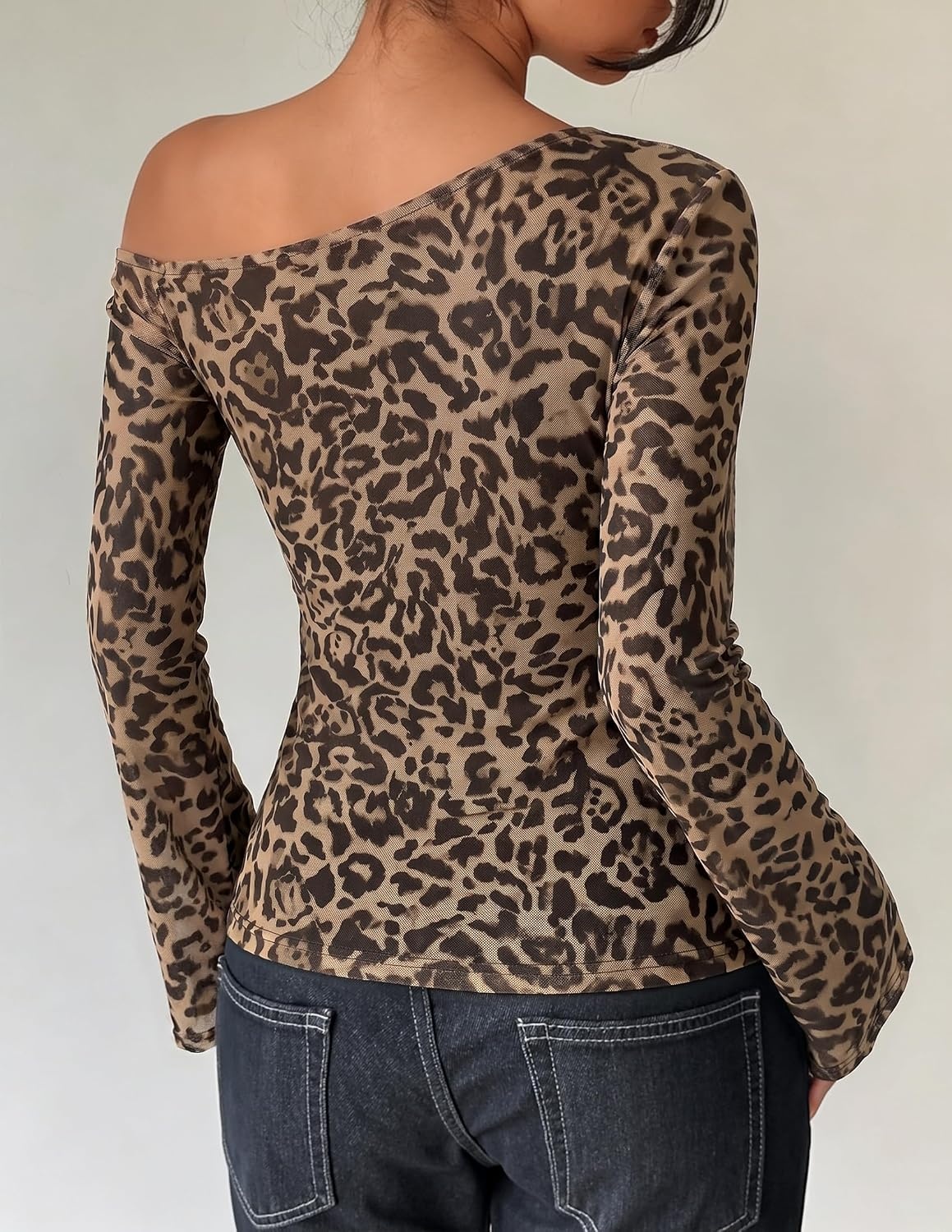 image:imageZESICA Womens Floral Off Shoulder Fall Long Sleeve Y2K Going Out Work TopsLeopard