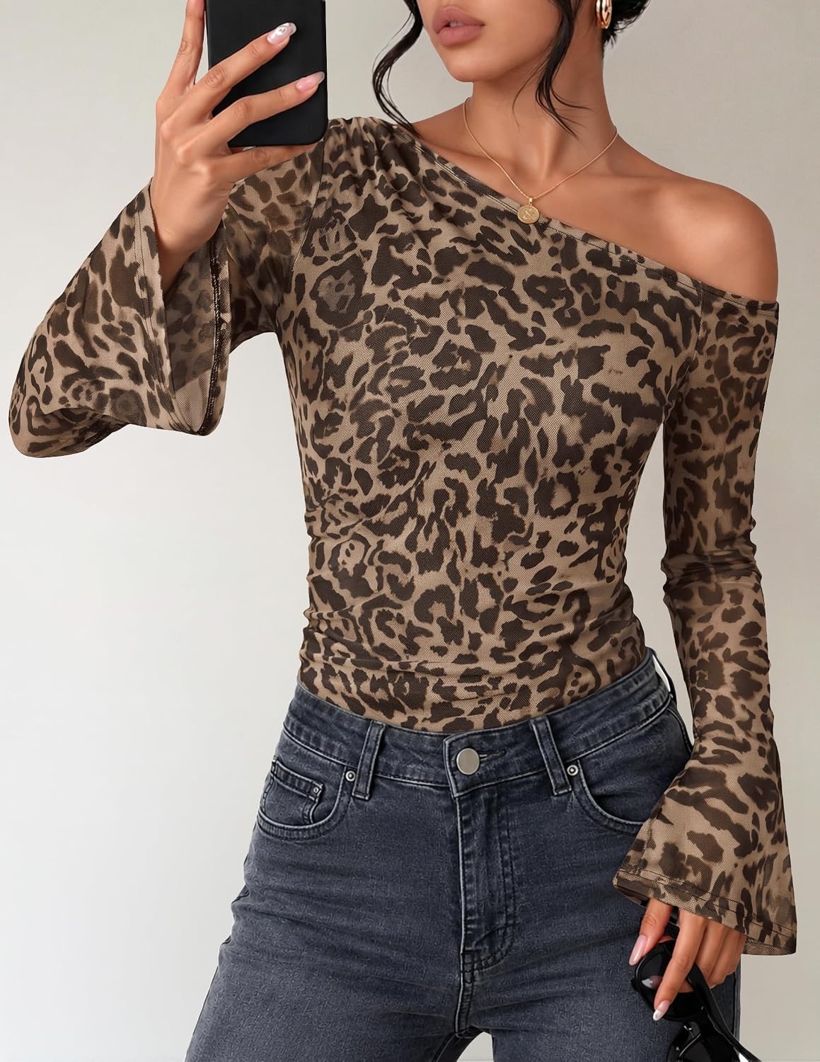 image:imageZESICA Womens Floral Off Shoulder Fall Long Sleeve Y2K Going Out Work TopsLeopard