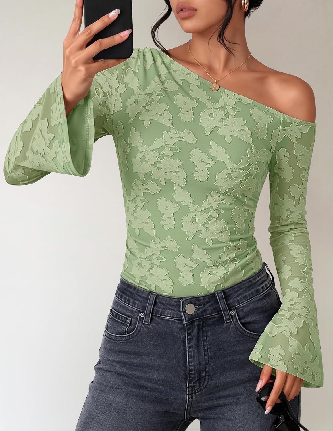 image:imageZESICA Womens Floral Off Shoulder Fall Long Sleeve Y2K Going Out Work TopsLight Green