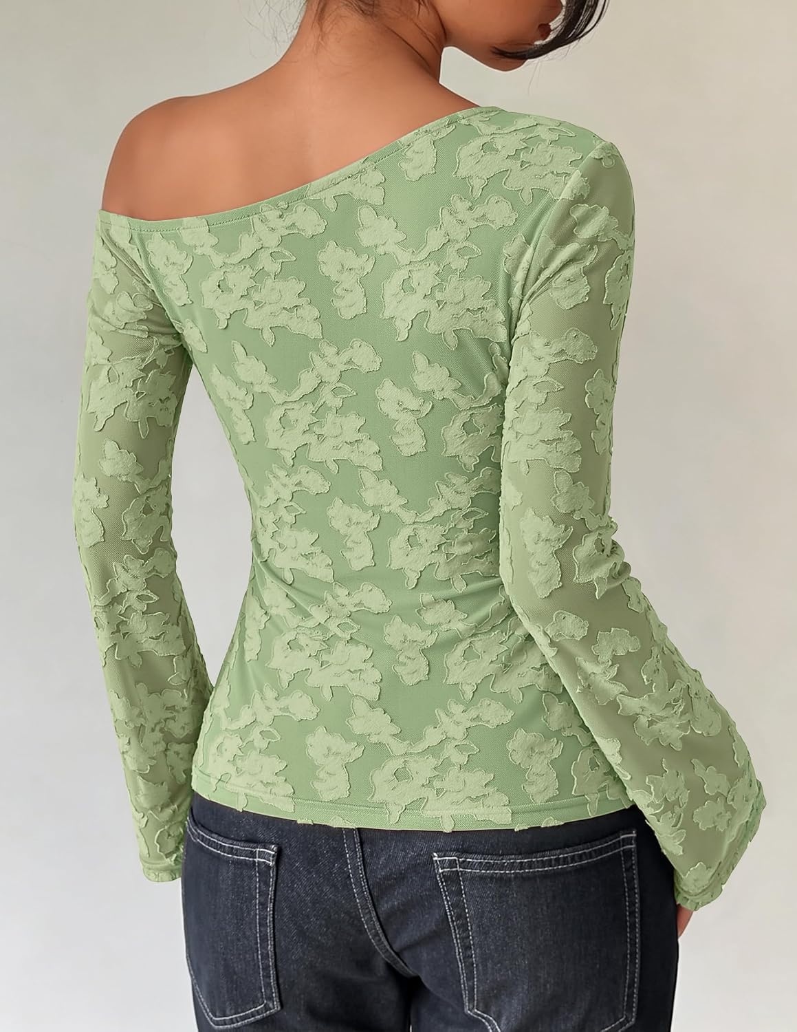 image:imageZESICA Womens Floral Off Shoulder Fall Long Sleeve Y2K Going Out Work TopsLight Green