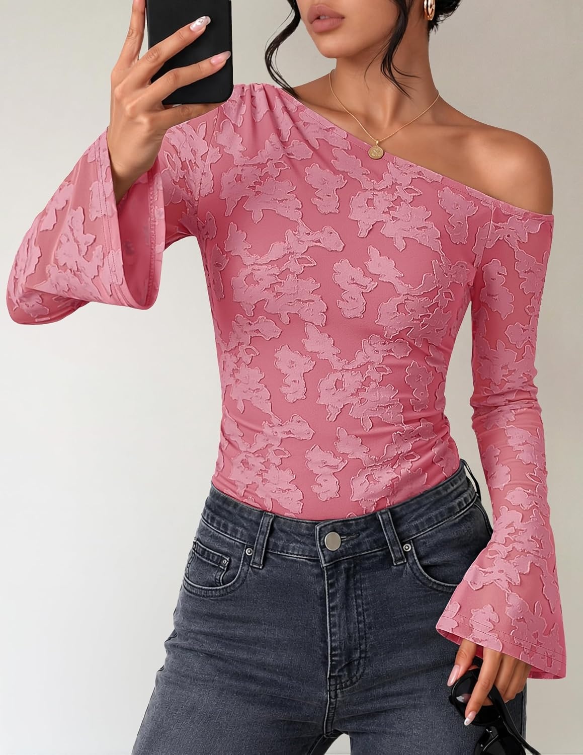 image:imageZESICA Womens Floral Off Shoulder Fall Long Sleeve Y2K Going Out Work TopsPink