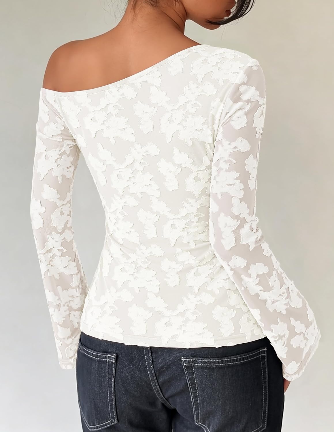 image:imageZESICA Womens Floral Off Shoulder Fall Long Sleeve Y2K Going Out Work TopsWhite