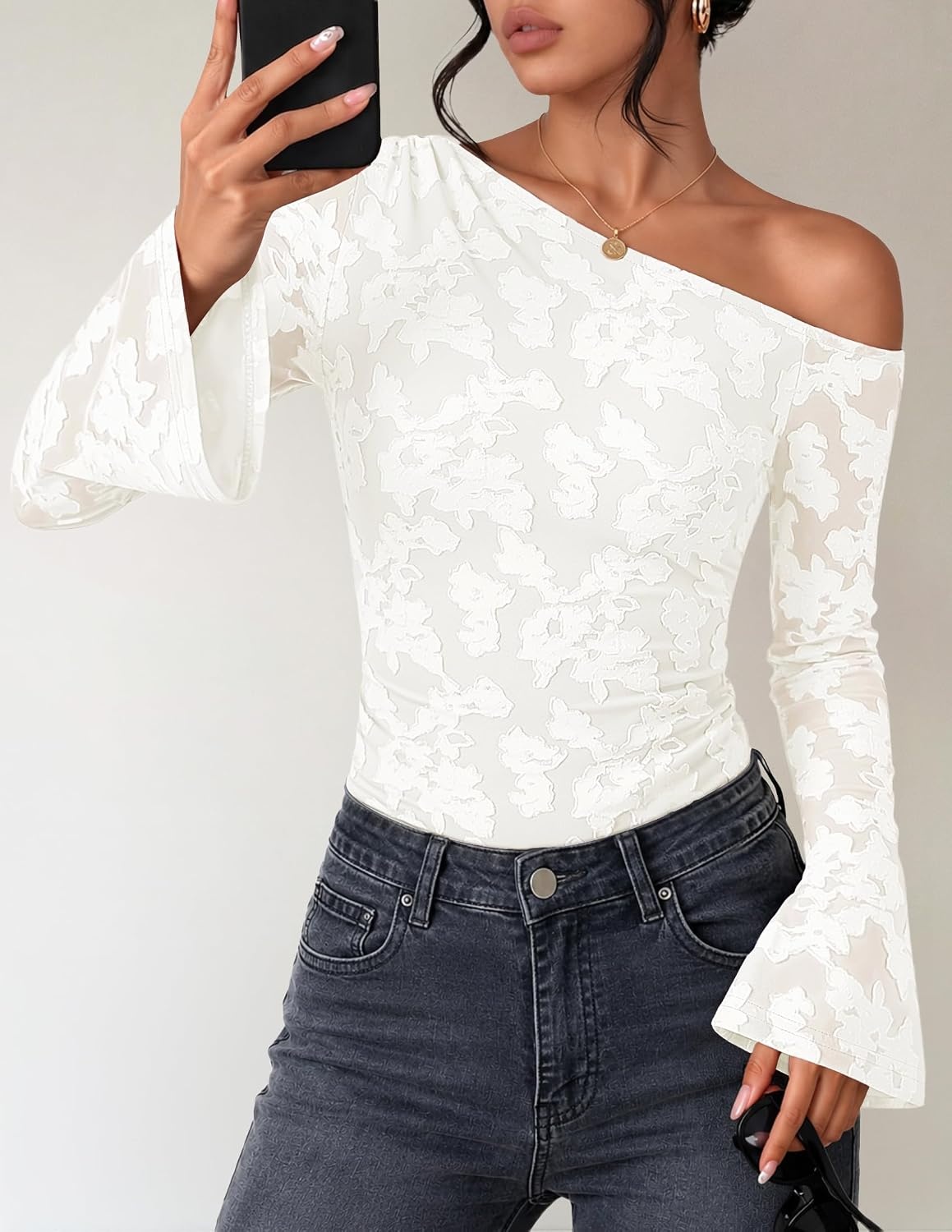 image:imageZESICA Womens Floral Off Shoulder Fall Long Sleeve Y2K Going Out Work TopsWhite