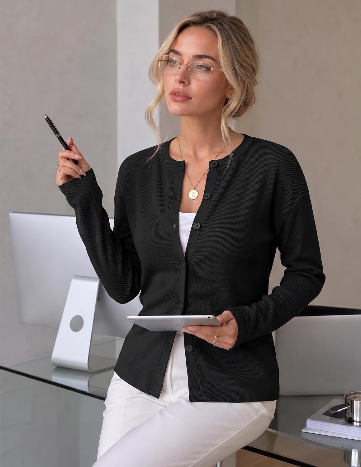 image:imageZESICA Womens Lightweight Fitted Cardigan Sweaters 2026 Fall OutfitsBlack