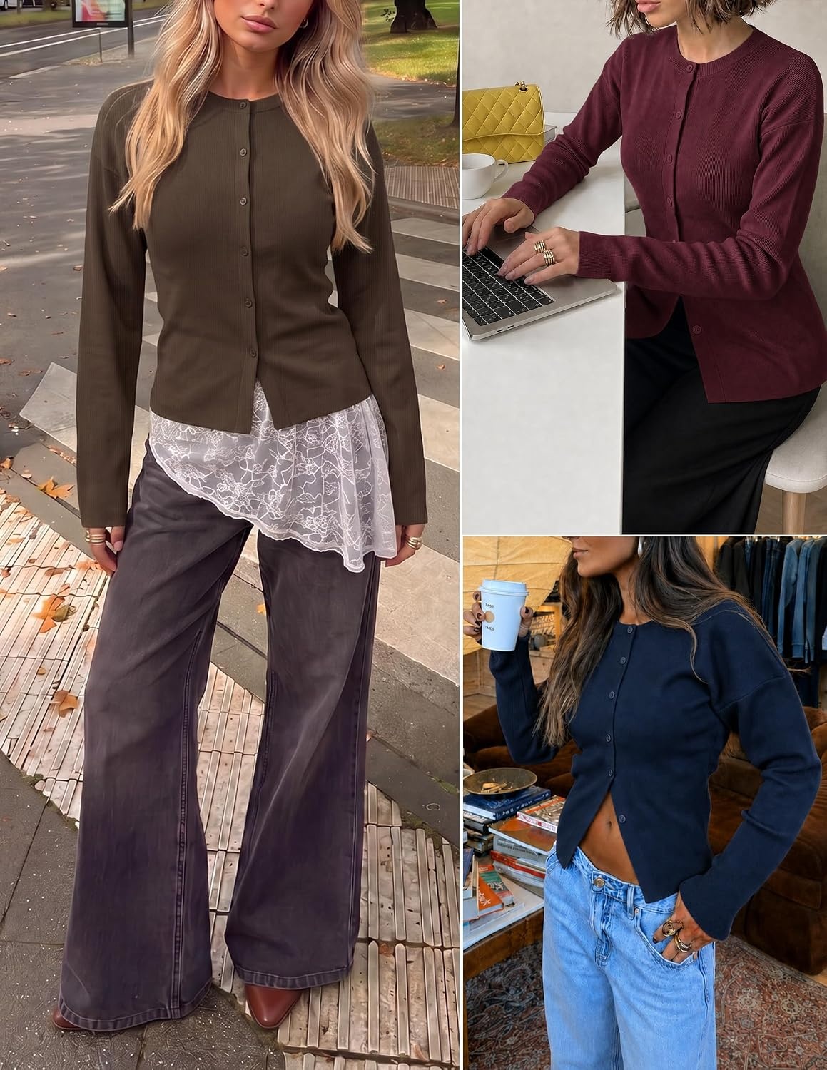 image:imageZESICA Womens Lightweight Fitted Cardigan Sweaters 2026 Fall OutfitsBrown
