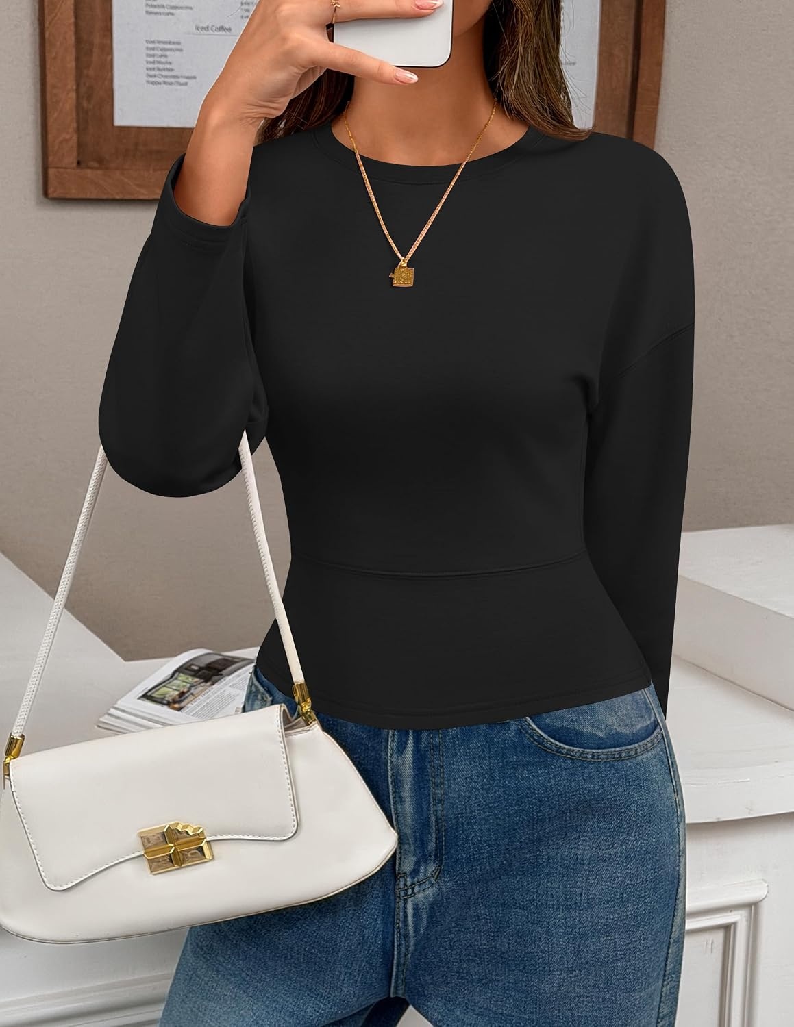 image:imageZESICA Womens Long Sleeve Cinched Waist Tops Fall Business Casual ShirtsBlack