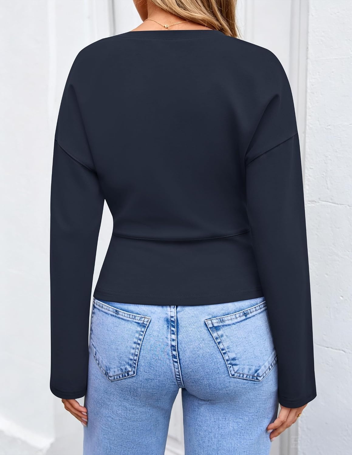 image:imageZESICA Womens Long Sleeve Cinched Waist Tops Fall Business Casual ShirtsNavy