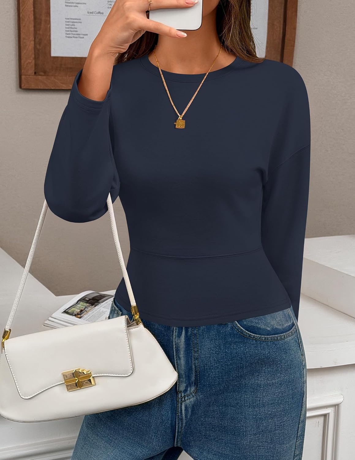 image:imageZESICA Womens Long Sleeve Cinched Waist Tops Fall Business Casual ShirtsNavy