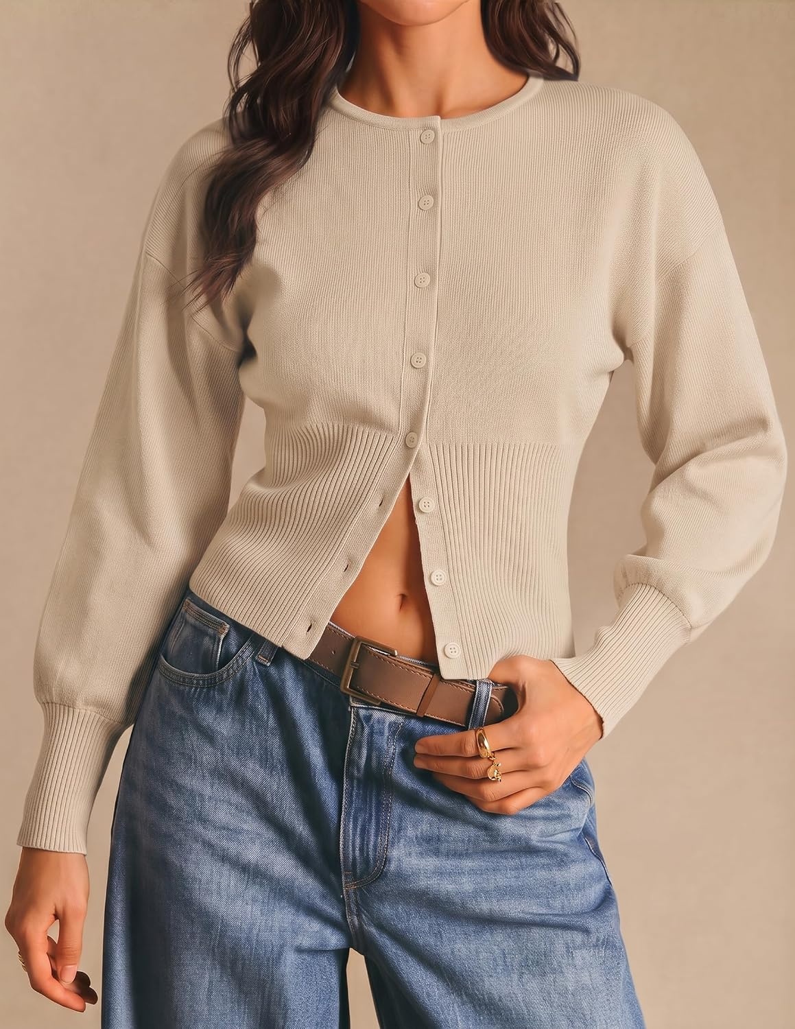 image:imageZESICA Womens Long Sleeve Fitted Waist Knit Cardigan SweatersApricot
