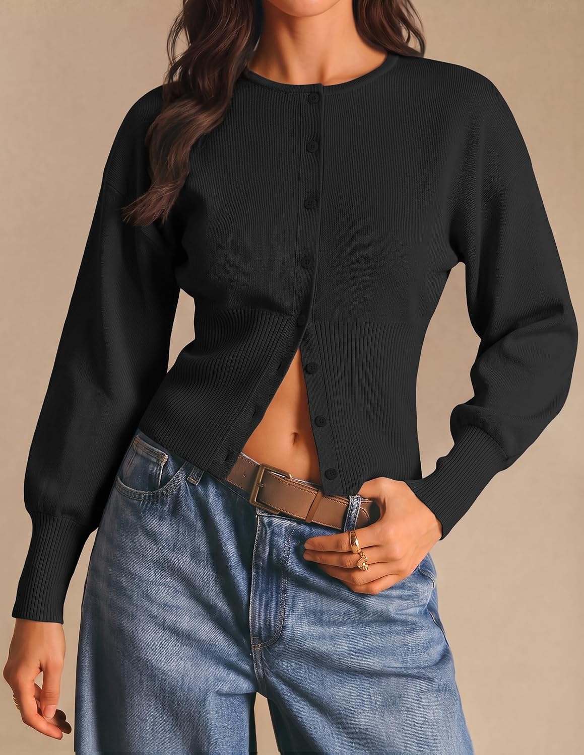 image:imageZESICA Womens Long Sleeve Fitted Waist Knit Cardigan SweatersBlack