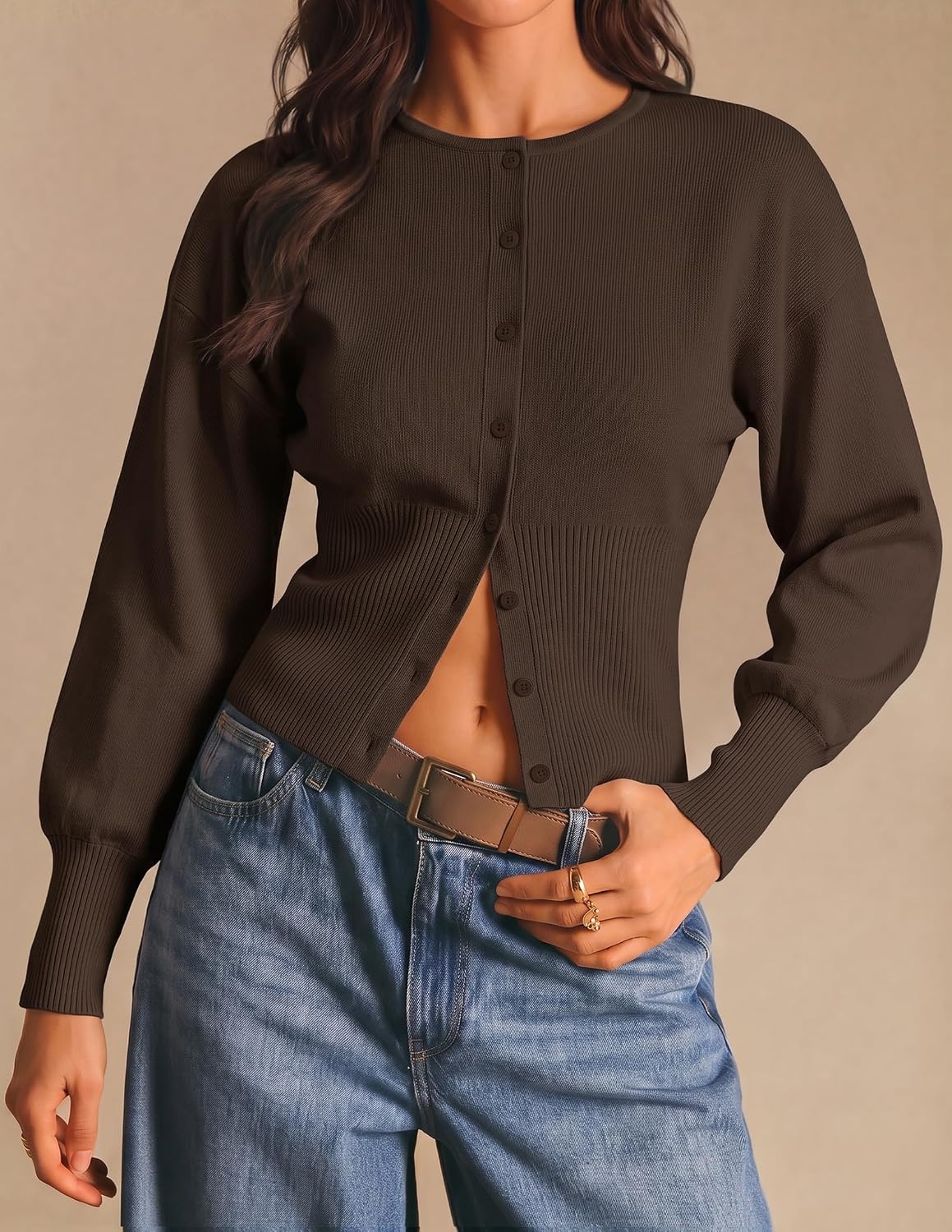 image:imageZESICA Womens Long Sleeve Fitted Waist Knit Cardigan SweatersCoffee