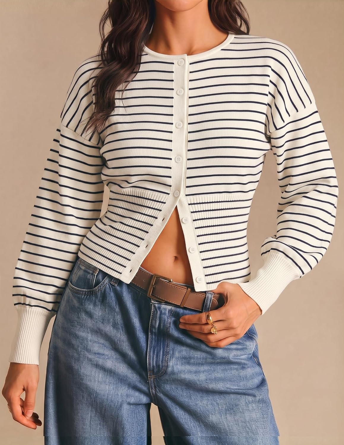 image:imageZESICA Womens Long Sleeve Fitted Waist Knit Cardigan SweatersIvory
