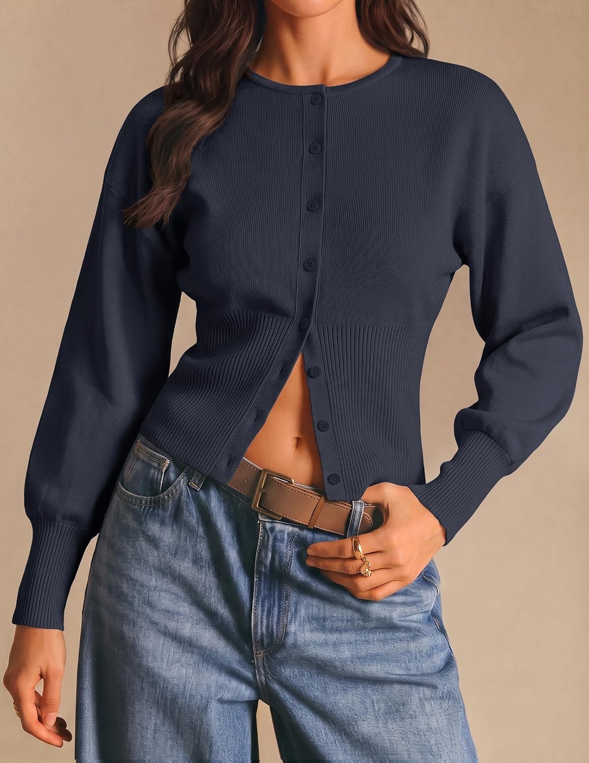 image:imageZESICA Womens Long Sleeve Fitted Waist Knit Cardigan SweatersNavy