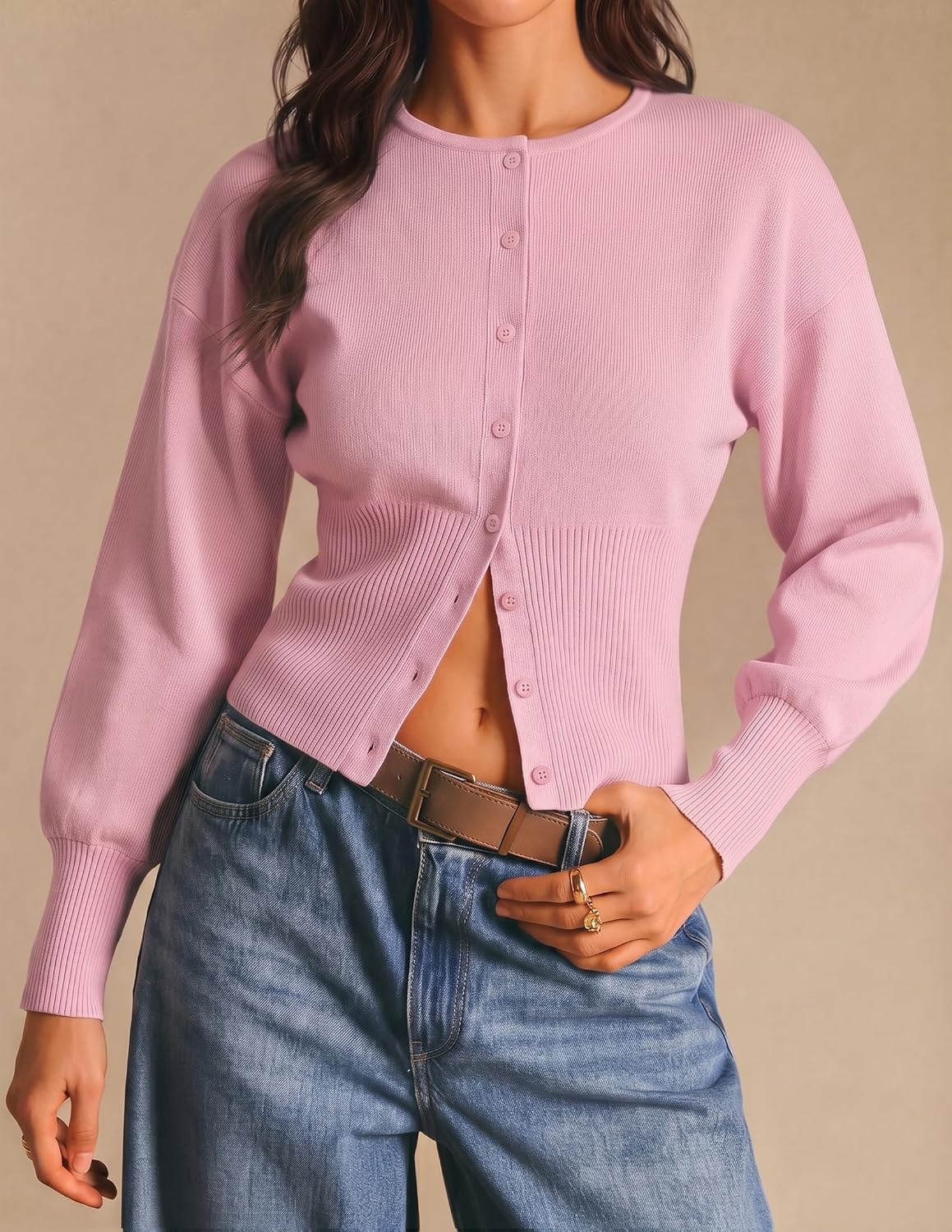 image:imageZESICA Womens Long Sleeve Fitted Waist Knit Cardigan SweatersPink