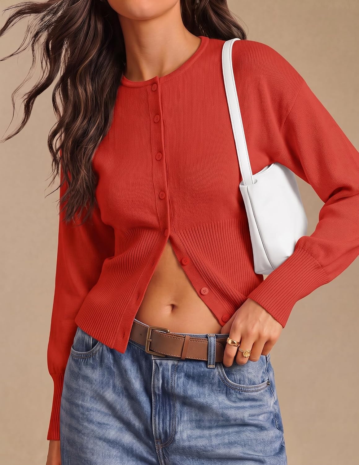 image:imageZESICA Womens Long Sleeve Fitted Waist Knit Cardigan SweatersRed