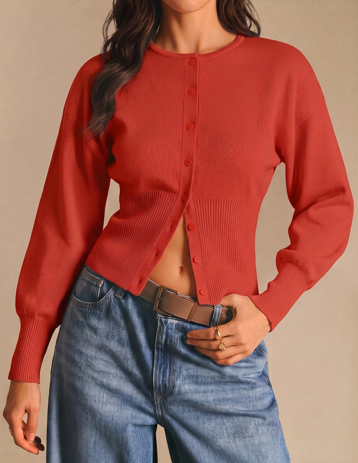image:imageZESICA Womens Long Sleeve Fitted Waist Knit Cardigan SweatersRed