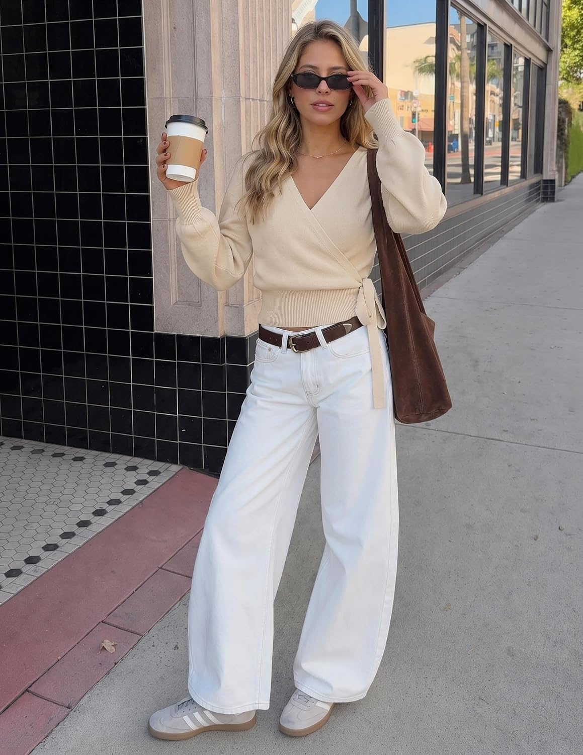 image:imageZESICA Womens V Neck Wrap Belted Cropped Sweaters 2026 Fall Business OutfitApricot