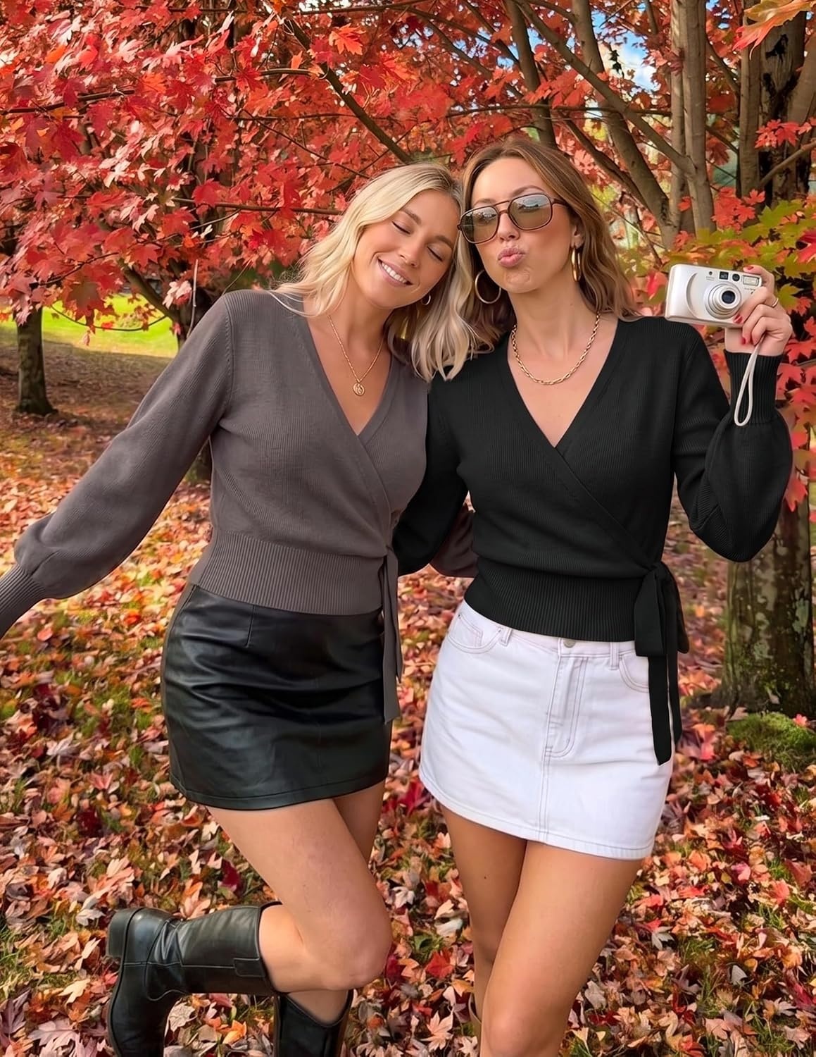 image:imageZESICA Womens V Neck Wrap Belted Cropped Sweaters 2026 Fall Business OutfitBlack