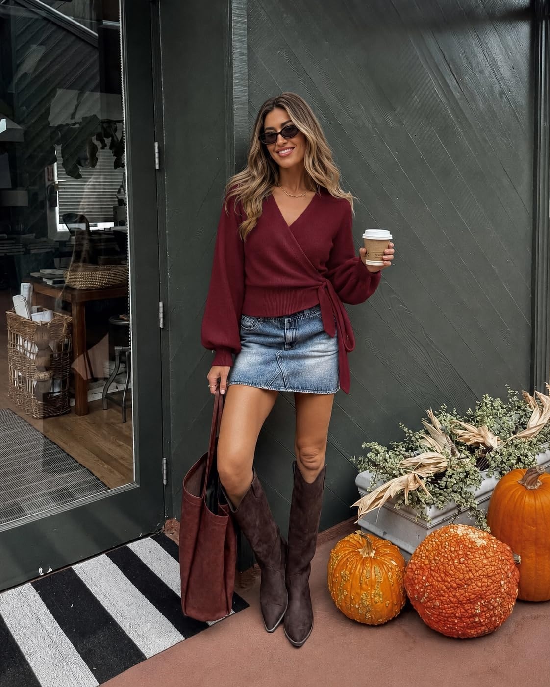 image:imageZESICA Womens V Neck Wrap Belted Cropped Sweaters 2026 Fall Business OutfitBurgundy