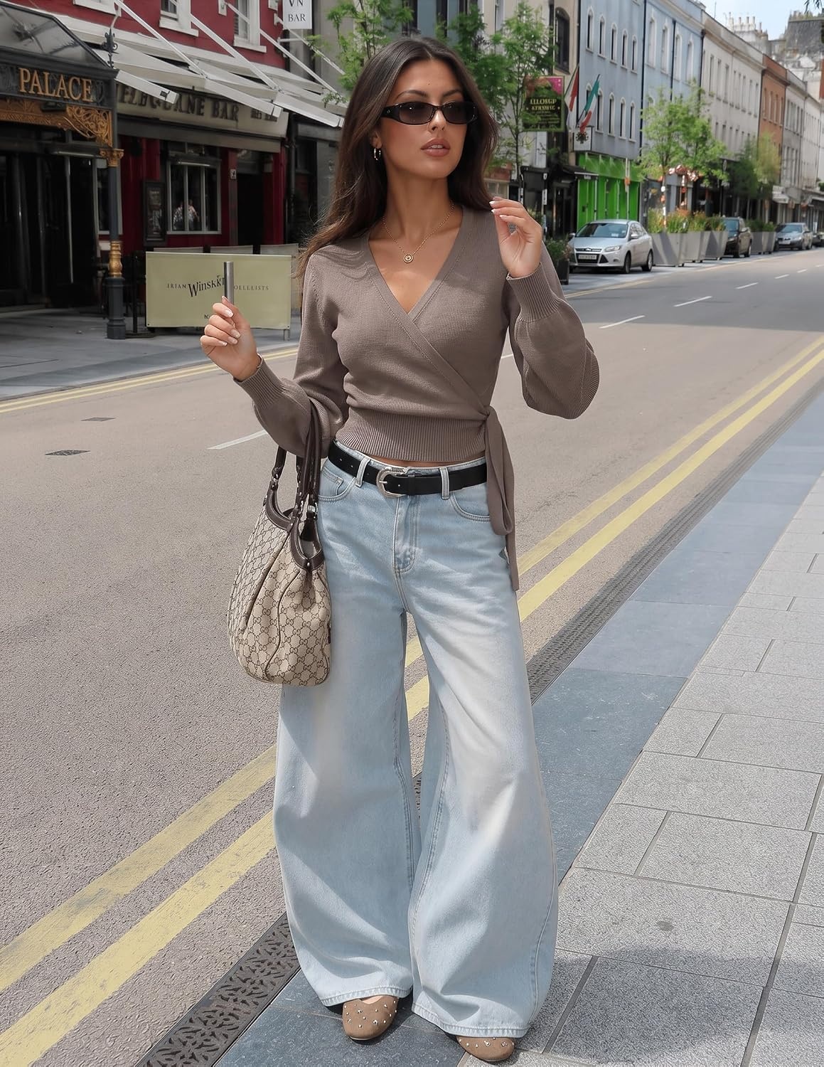 image:imageZESICA Womens V Neck Wrap Belted Cropped Sweaters 2026 Fall Business OutfitGraybrown