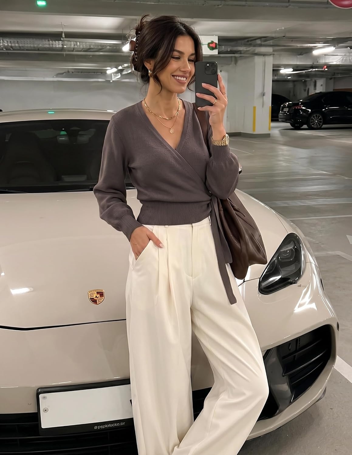 image:imageZESICA Womens V Neck Wrap Belted Cropped Sweaters 2026 Fall Business OutfitGreytaupe
