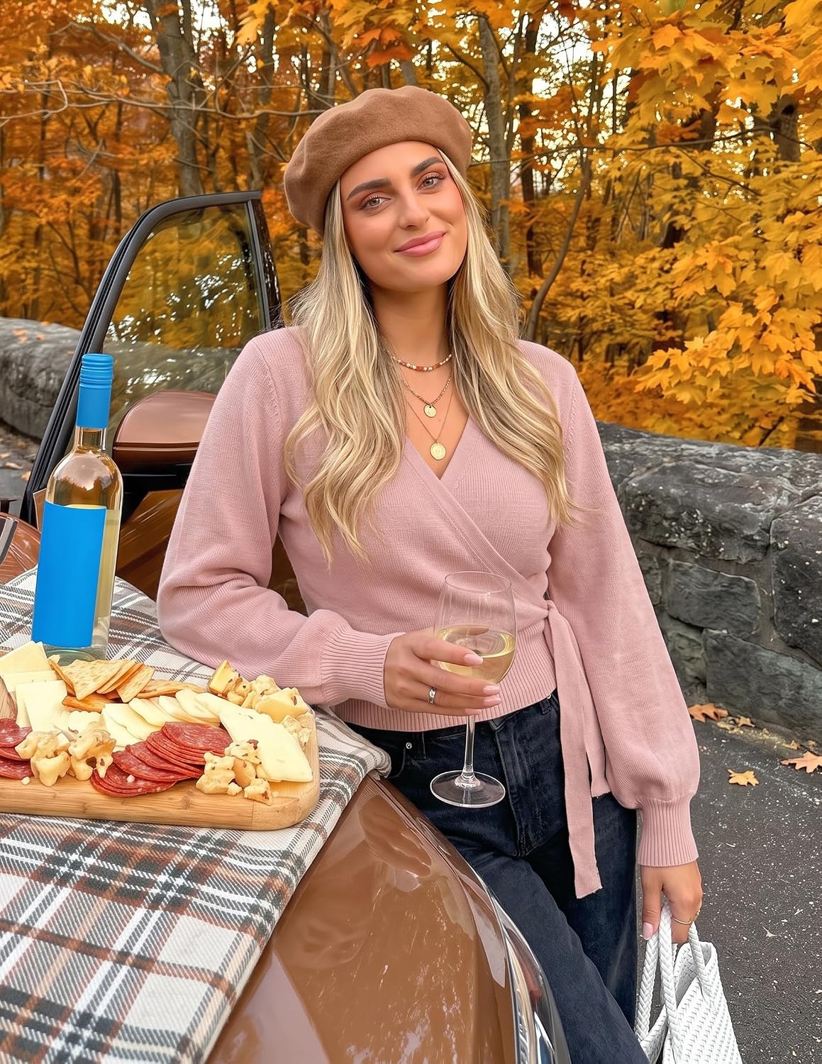 image:imageZESICA Womens V Neck Wrap Belted Cropped Sweaters 2026 Fall Business OutfitLightpink