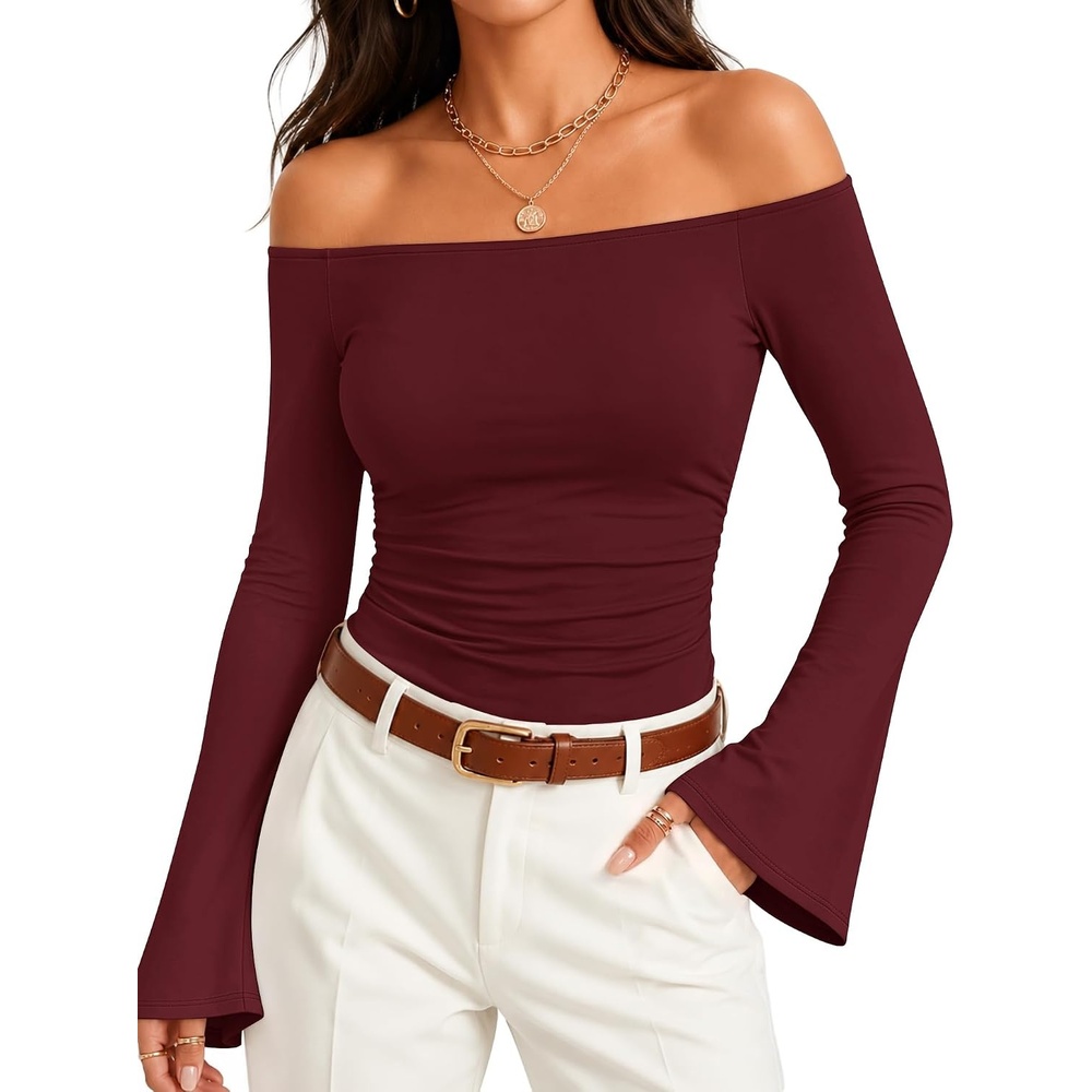 image:imageZESICA Women Off The Shoulder Tops Long Sleeve Going Out ShirtsWine