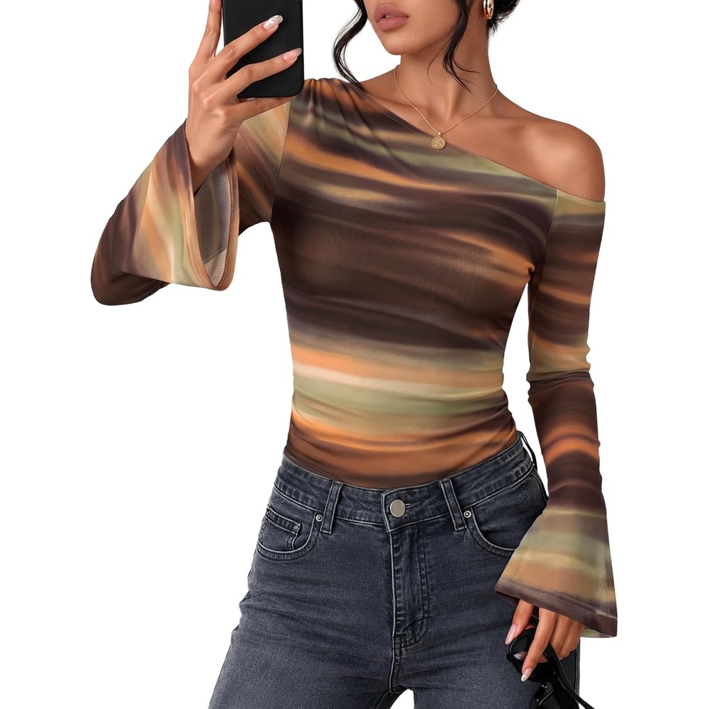 image:imageZESICA Womens Floral Off Shoulder Fall Long Sleeve Y2K Going Out Work TopsBrown