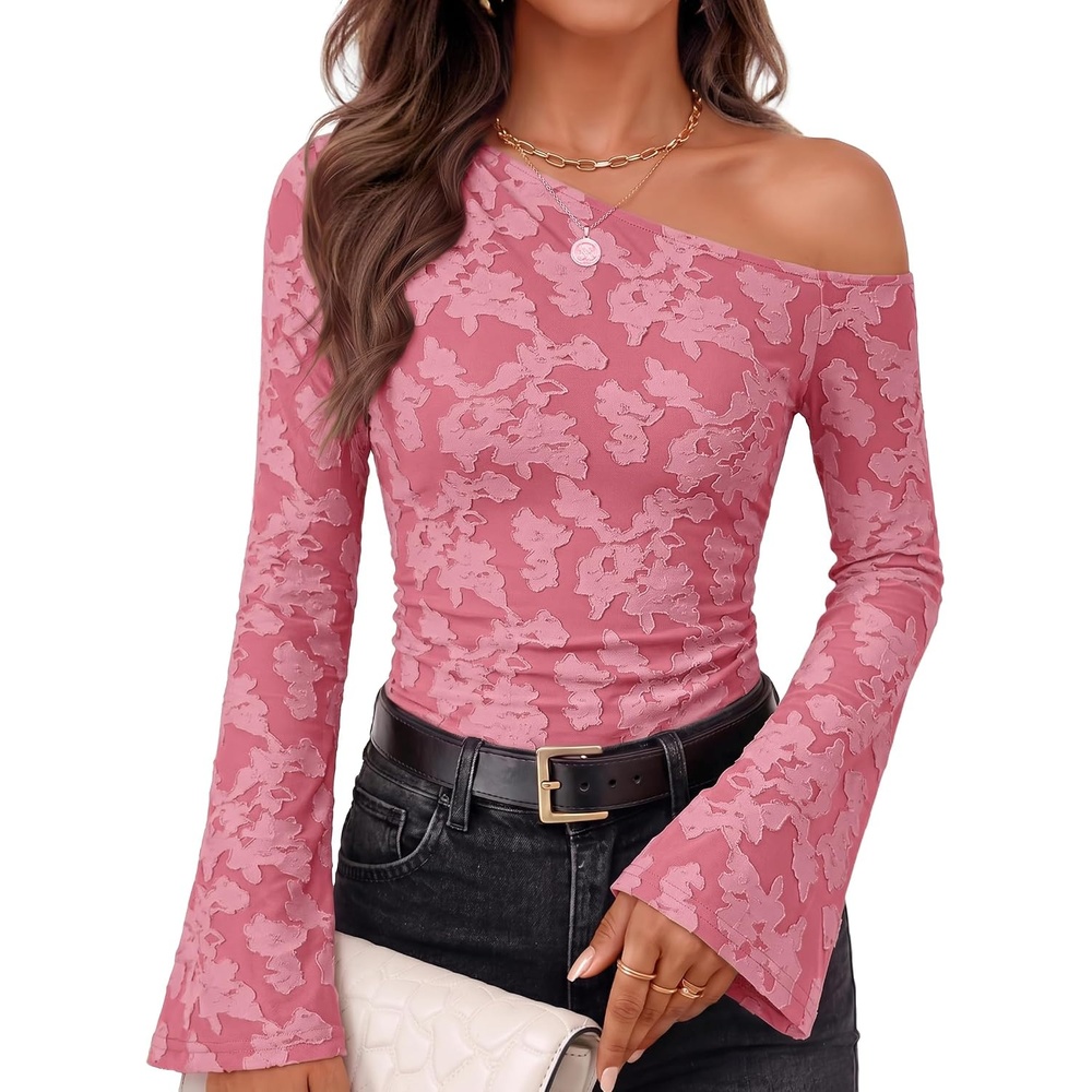 image:imageZESICA Womens Floral Off Shoulder Fall Long Sleeve Y2K Going Out Work TopsPink